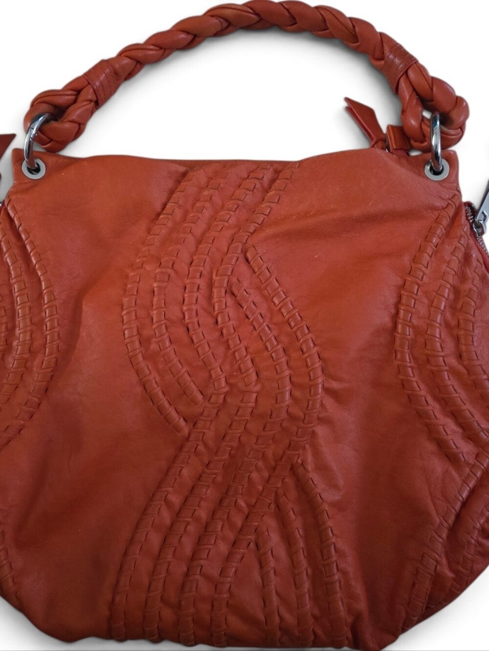 Fenn Wright Manson Orange Leather Hobo Bag Braided Handle Woven Boho Shoulder